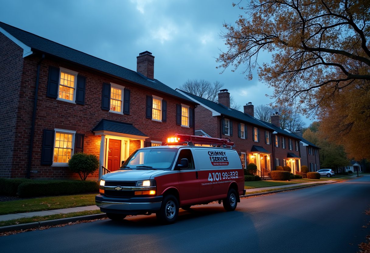 Chimney service van outside brick townhouses at dusk — Herndon